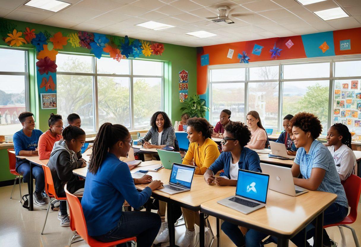 A diverse group of educators and students collaborating in a vibrant classroom, filled with colorful educational resources and interactive technology. The atmosphere is lively and engaging, with books, plants, and art on the walls, showcasing creativity and teamwork. Above them, a warm sunlight pours in through large windows, signifying enlightenment and growth. Elements of digital connectivity like laptops and tablets are integrated into the scene. super-realistic. vibrant colors. educational theme.