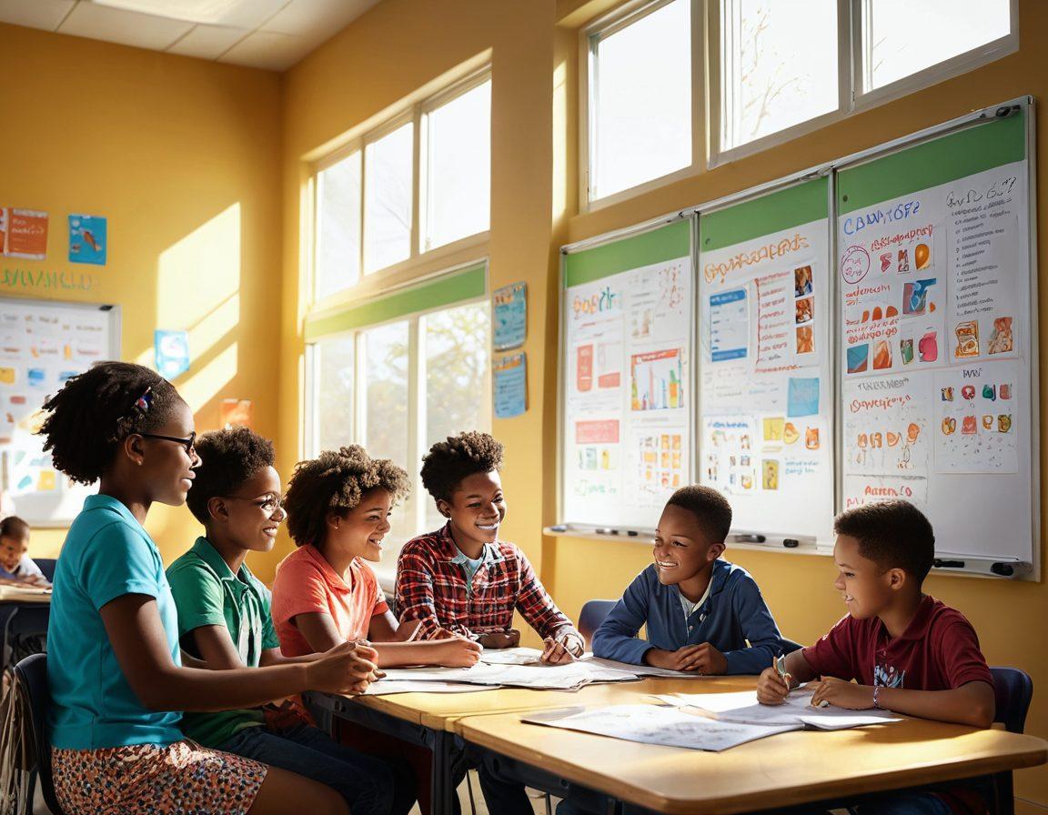 A vibrant classroom scene showcasing students actively engaging with interactive learning tools, such as tablets and collaborative whiteboards. Teachers guide small groups, fostering a lively atmosphere of collaboration and creativity. Incorporate diverse students from different backgrounds to highlight inclusivity. The walls are adorned with colorful educational posters, and sunlight streams through the windows, adding warmth. super-realistic. vibrant colors. 3D.
