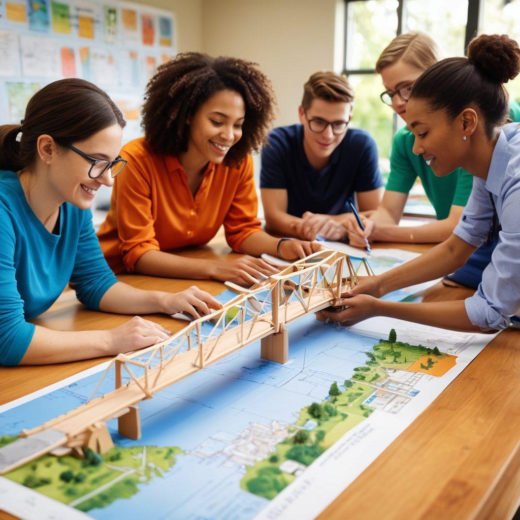 An inspiring scene depicting diverse teachers collaborating over a large blueprint of a bridge, symbolizing connected ideas and teamwork. Around them, various educational tools like books and tech devices illustrate enhanced learning. The background features a picturesque landscape with a real bridge connecting two vibrant communities, symbolizing unity and growth. Capture a warm, inviting atmosphere with soft sunlight illuminating the scene. super-realistic. vibrant colors. peaceful background.